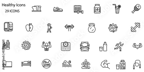 Healthy Line Editable Icons set. Vector illustration of modern thin line style icons of the components of a healthy lifestyle: the mode of work and rest, physical activity, and a diet.
