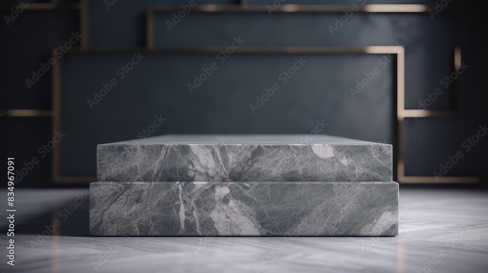 Large gray marble podium for product presentation.