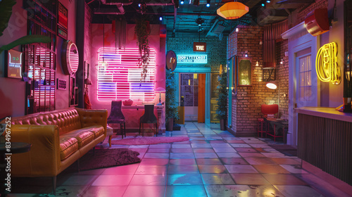 Vibrant Retro Set Design and Exaggerated Expressions Create Hilarious Sitcom Scene in Neon-Noir Streets