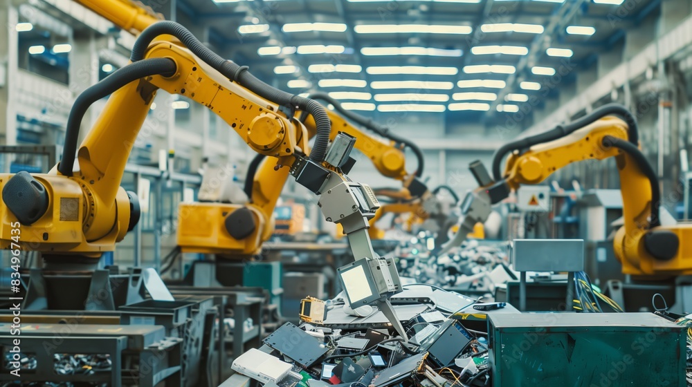 Robotic arms segregate e-waste components in a high-tech plant, enhancing recycling and reducing environmental impact. Robotic arms segregate e-waste components in a high-tech plant, enhancing recycling and reducing environmental impact.