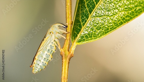 Extreme close-up of a yellow fly on a green leaf. photo