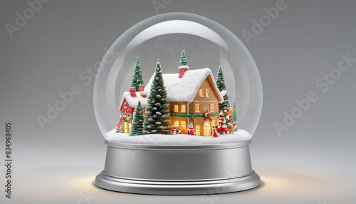 A generative AI creates a festive Christmas scene with a village inside a snowglobe, on a clipped transparent background photo