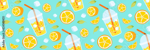 Fresh lemons lemonade seamless pattern. Bright summer background for restaurants, cafe menus.