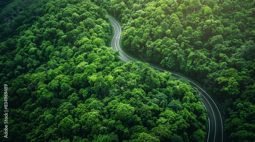Green energy transportation, sustainability roadmap, aerial view of lush forest, winding road © Purichaya