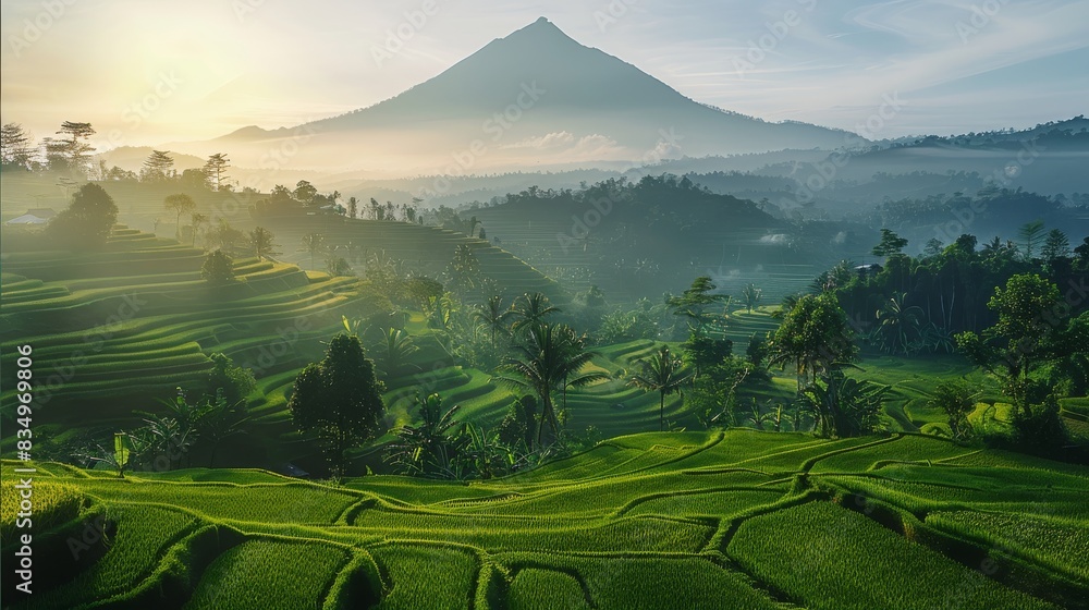 Obraz premium Indonesian nature, with soft mountain, rice fields. Generative AI.