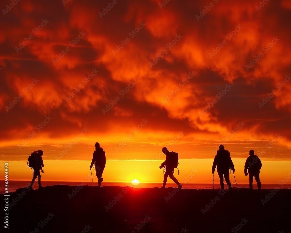 A group of friends hiking up a mountain at sunset. The sky is a bright orange and the sun is just setting over the horizon. The friends are all silhouetted against the sky. A group of friends hiking up a mountain at sunset. The sky is a bright orange and the sun is just setting over the horizon. The friends are all silhouetted against the sky.