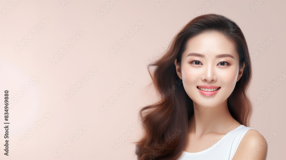 Beautiful Asian woman model with a radiant smile against a soft pink background Beautiful Asian woman model with a radiant smile against a soft pink background