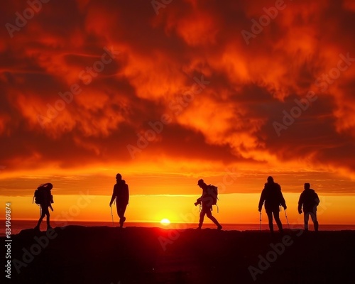  A group of friends hiking up a mountain at sunset. The sky is a bright orange and the sun is just setting over the horizon. The friends are all silhouetted against the sky.