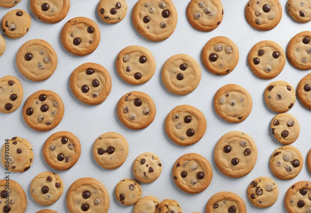 Obraz premium An assortment of homemade chocolate chip cookies highlighted against a neutral backdrop, designed using cutting-edge generative AI technology