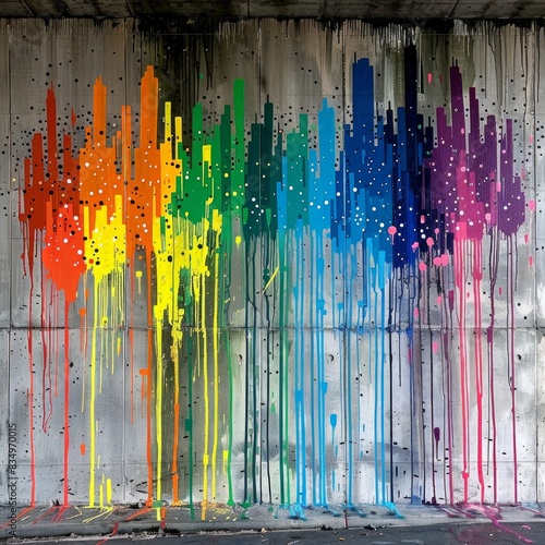 Amazing colorful graffiti of melted crayons on a gray concrete wall.