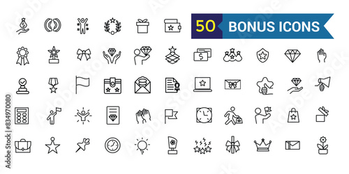 Bonus icons set. Outline set of bonus vector icons for ui design. Outline icon collection. Editable stroke.
