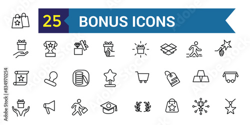 Bonus icons set. Outline set of bonus vector icons for ui design. Outline icon collection. Editable stroke.
