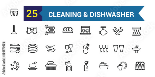 Cleaning and dishwasher icons set. Outline set of repair dishwasher vector icons for ui design. Outline icon collection. Editable stroke.