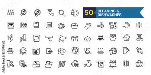 Cleaning and dishwasher icons set. Outline set of repair dishwasher vector icons for ui design. Outline icon collection. Editable stroke.