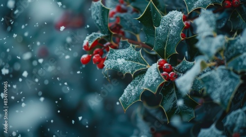 This image shows a close-up of a holly bush with red berries, covered in snow
