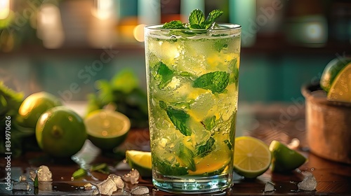 A classic mojito, with muddled mint leaves and lime. photo