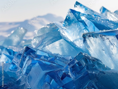 The image shows a pile of blue translucent ice chunks.