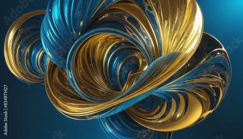 A futuristic 3D render swirl design in iridescent blue and gold hues, isolated on a transparent background
