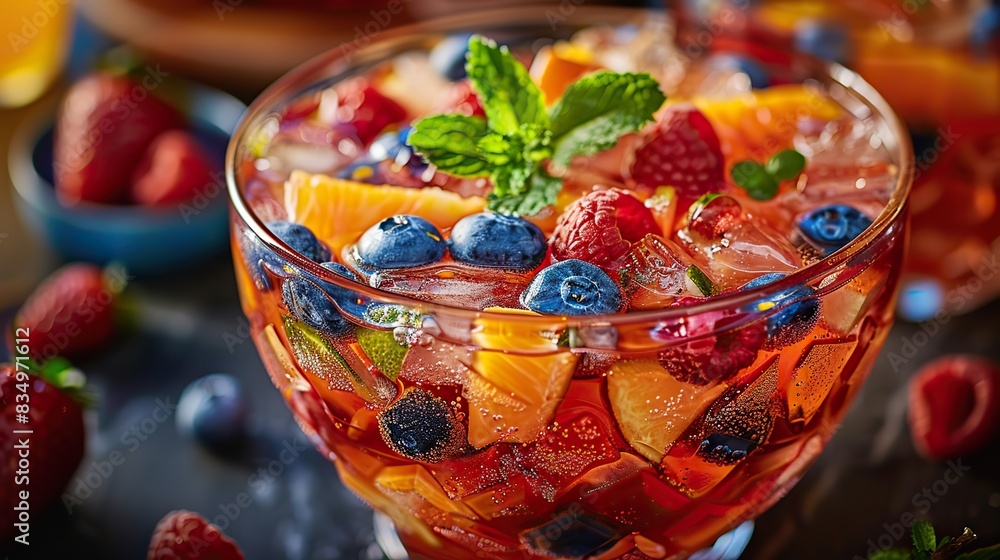 A colorful fruit punch served in a large glass bowl. A colorful fruit punch served in a large glass bowl.