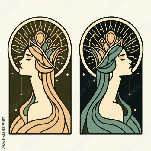 Classic two side women wearing crowns in the frame