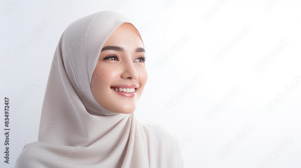 Portrait of a smiling Indonesian woman wearing a white hijab Portrait of a smiling Indonesian woman wearing a white hijab