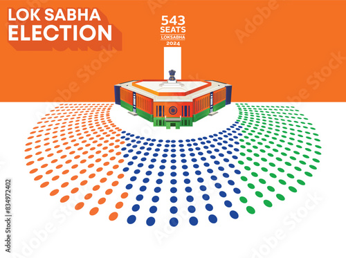 Lok Sabha Election of India. A creative concept poster design for Seat sharing chart. Total seats are 543. Celebrating the democracy of India. BJP largest party.