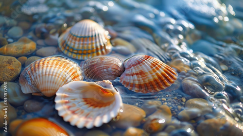 Assorted Seashells on the Coastline with Gentle Waves