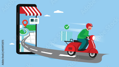 Pizza motorbike delivery. Urban landscape with food courier driving bike fast delivery vector concept. Illustration of motorbike delivery, fast service deliver