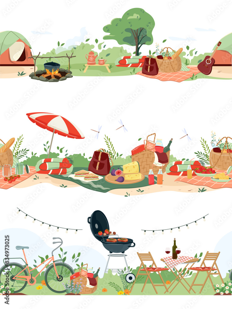 Fototapeta premium Set of summer picnic borders. Hand drawn horizontal seamless pattern, baskets full of delicious, bbq grill party, furniture, camping with tent for relax outdoor. Great for textiles, banners, wallpaper