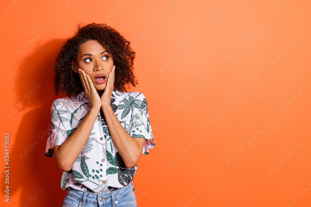 Photo of shocked girl touch face hands look empty space impressed isolated bright color background Photo of shocked girl touch face hands look empty space impressed isolated bright color background