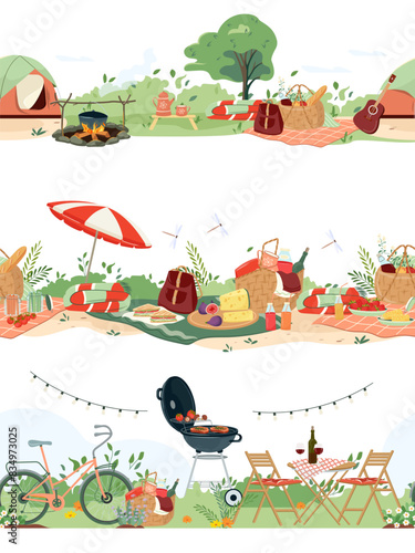 Set of summer picnic borders. Hand drawn horizontal seamless pattern, baskets full of delicious, bbq grill party, furniture, camping with tent for relax outdoor. Great for textiles, banners, wallpaper