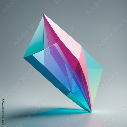 An abstract three-dimensional shape with faceted surfaces and futuristic design, created using generative AI technology, isolated on a gradient vector background