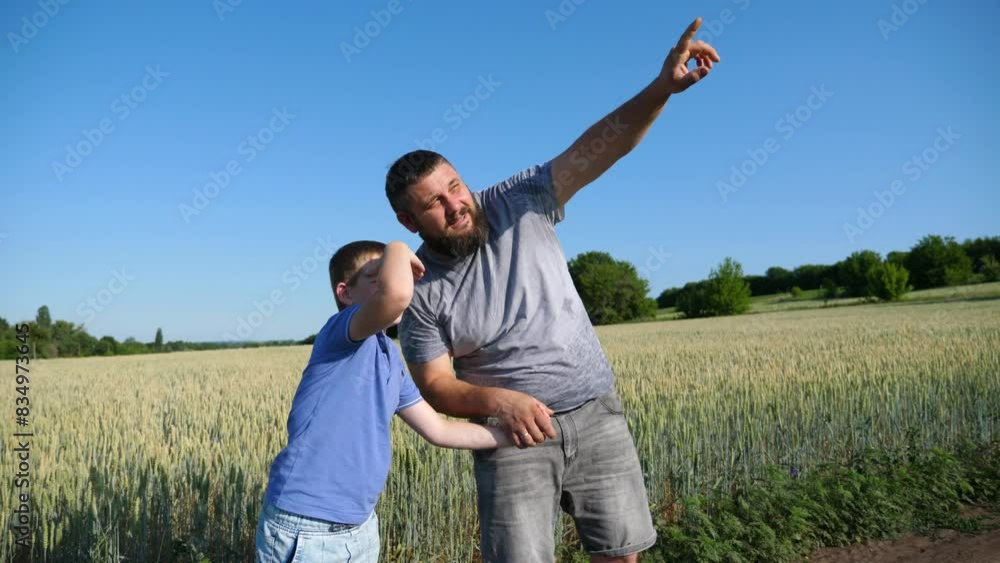 Father and his son spending time together at countryside. Male farmer pointing at something to his small child at wheat meadow. Happy family resting at nature on sunny summer day. Close up Slow motion Father and his son spending time together at countryside. Male farmer pointing at something to his small child at wheat meadow. Happy family resting at nature on sunny summer day. Close up Slow motion
