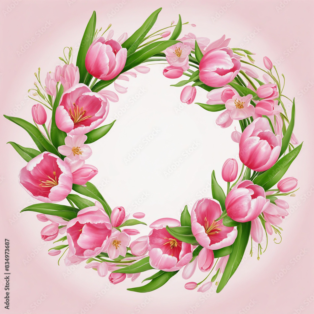Fototapeta premium Decorative cherry blossom wreath with floral design and white background perfect for artistic creations and special occasions