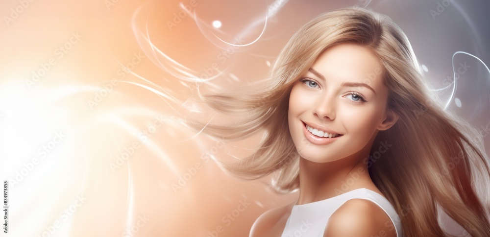 A beautiful blonde woman smiles warmly against a soft, ethereal background A beautiful blonde woman smiles warmly against a soft, ethereal background