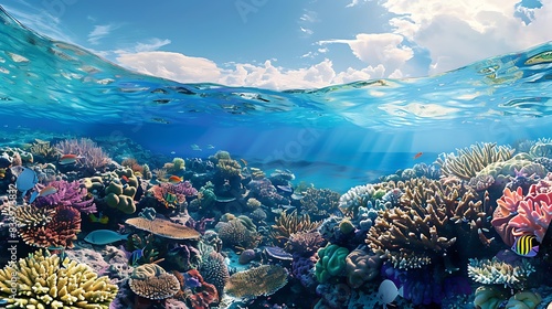 Capture the vibrant life of coral reefs and illustrate how climate change threatens these ecosystems  urging for sustainable solutions