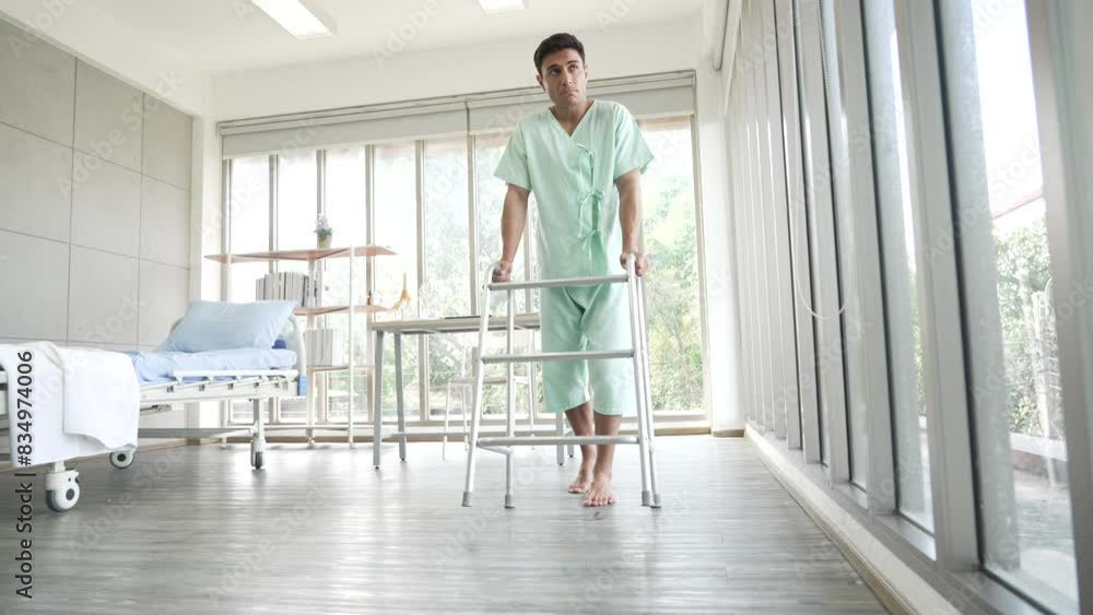 sad patient Leg pain try to practicing walking with walker in hospital sad patient Leg pain try to practicing walking with walker in hospital
