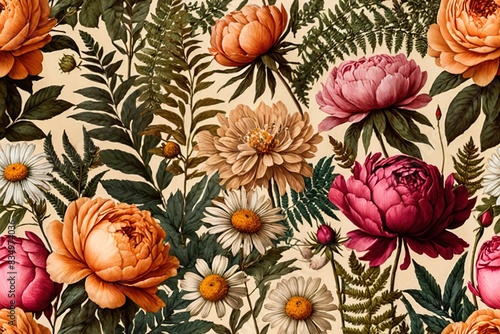 Vintage pattern botanical flower  variety of blossoms  floral wallpaper background