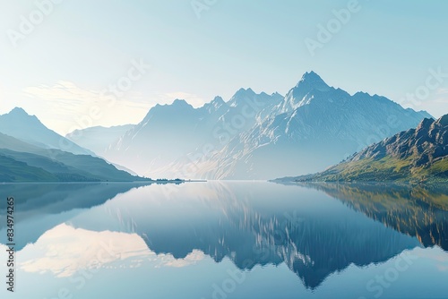 A beautiful mountain range with a lake in the foreground, 3d style illustration, nature landscape, summer, copy space.