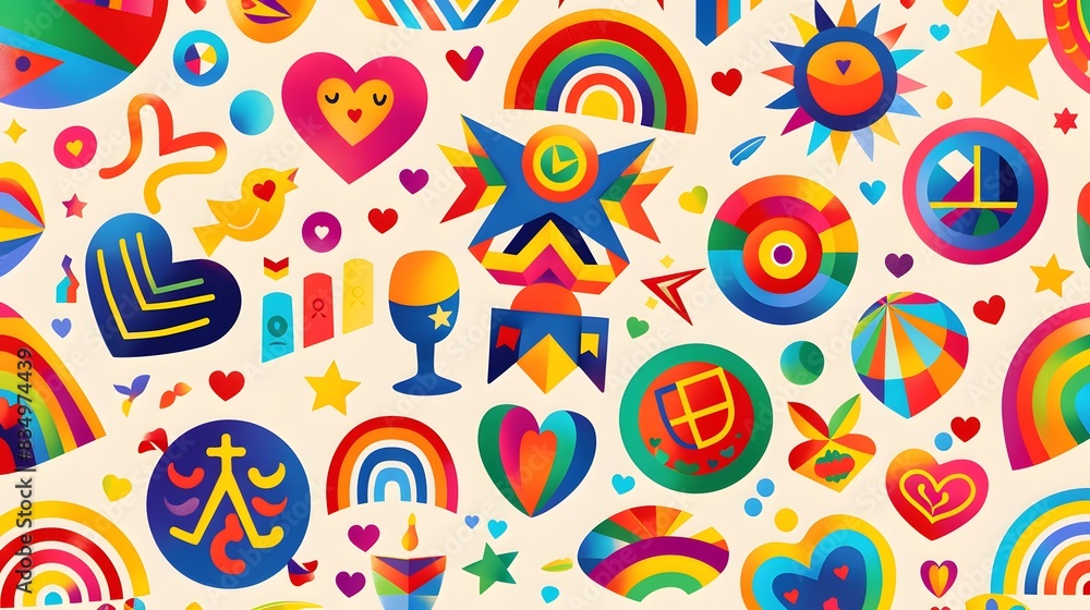 An illustration featuring a collection of LGBTQ+ symbols and icons arranged artistically on a clean background. The symbols include the rainbow flag, hearts, peace signs, and various pride flags. An illustration featuring a collection of LGBTQ+ symbols and icons arranged artistically on a clean background. The symbols include the rainbow flag, hearts, peace signs, and various pride flags.