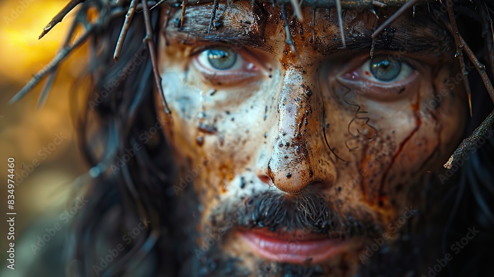 A serene depiction of Jesus Christ crowned with thorns. A serene depiction of Jesus Christ crowned with thorns.