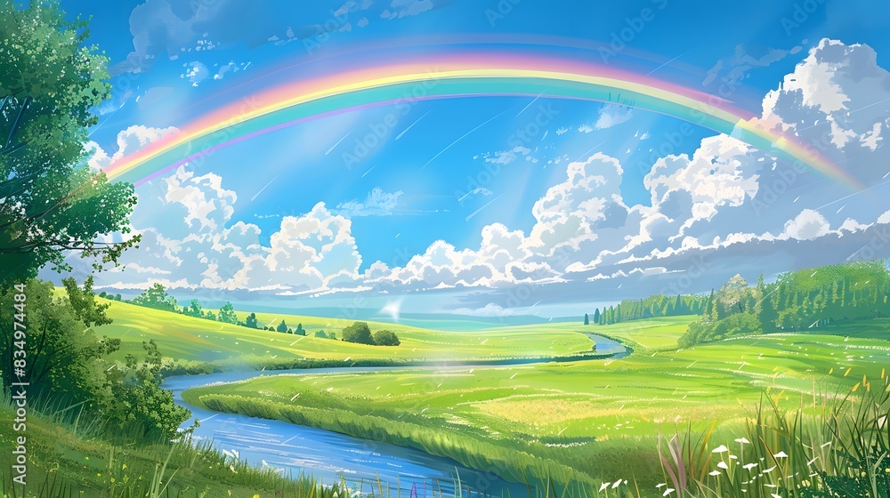 An illustration of a vibrant rainbow arching over a serene natural landscape, with lush green fields, a calm river, and a clear blue sky. The rainbow is the central element, with bright and vivid An illustration of a vibrant rainbow arching over a serene natural landscape, with lush green fields, a calm river, and a clear blue sky. The rainbow is the central element, with bright and vivid