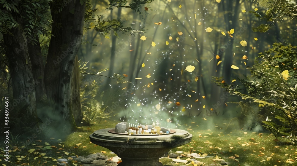 A secluded glade where rustling leaves and magical light encircle a stone altar with homeopathic ingredients. A secluded glade where rustling leaves and magical light encircle a stone altar with homeopathic ingredients.