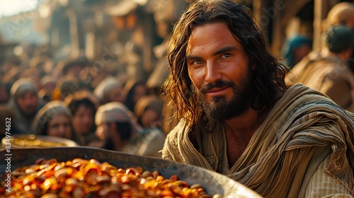A serene depiction of Jesus Christ feeding the five thousand.
