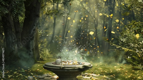 A secluded glade where rustling leaves and magical light encircle a stone altar with homeopathic ingredients.