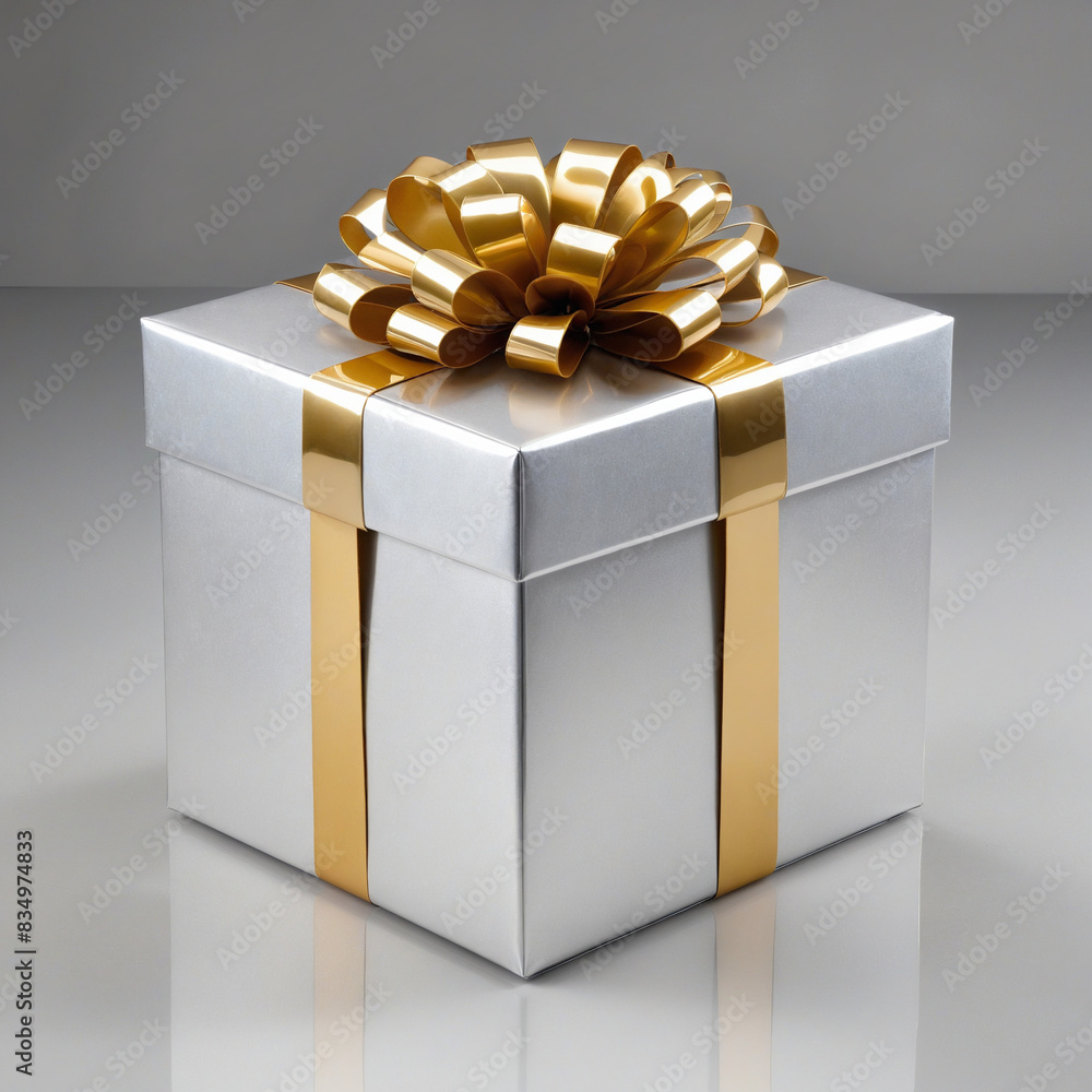 Shiny silver gift package with festive striped ribbon bow Shiny silver gift package with festive striped ribbon bow