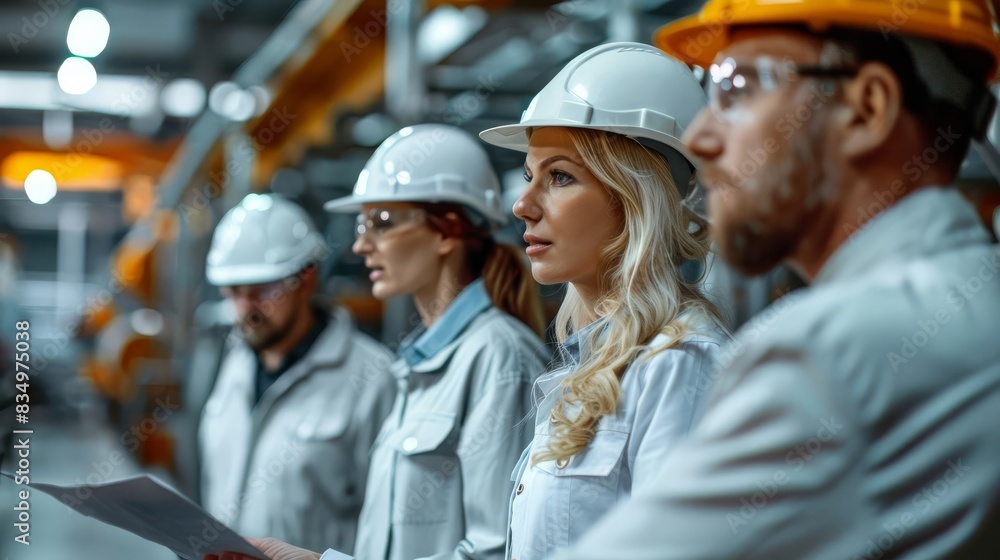 A quality control inspector discussing findings with production managers close up, teamwork theme, futuristic, manipulation, meeting room backdrop A quality control inspector discussing findings with production managers close up, teamwork theme, futuristic, manipulation, meeting room backdrop