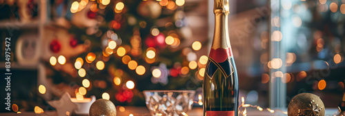 A bottle of champagne is on a table next to a Christmas tree