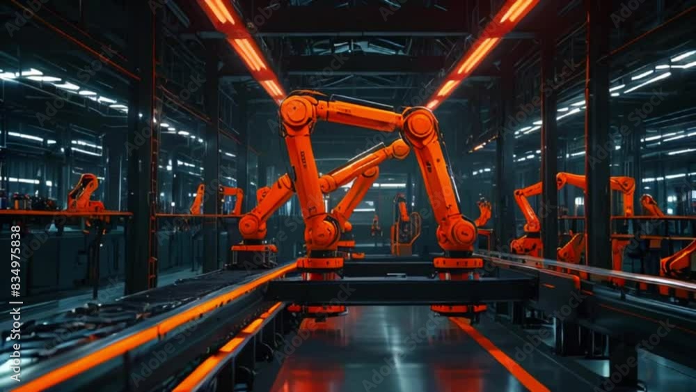 Several robotic arms on an assembly line. The arms are orange and black ...
