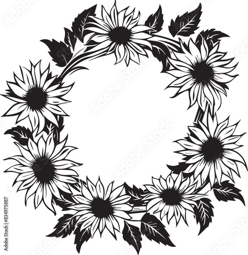 Black and white sunflower wreath illustrations, suitable for various design applications